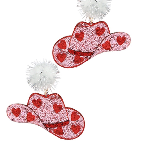 Western Hat PomPom Earrings - Picture 1 of 2
